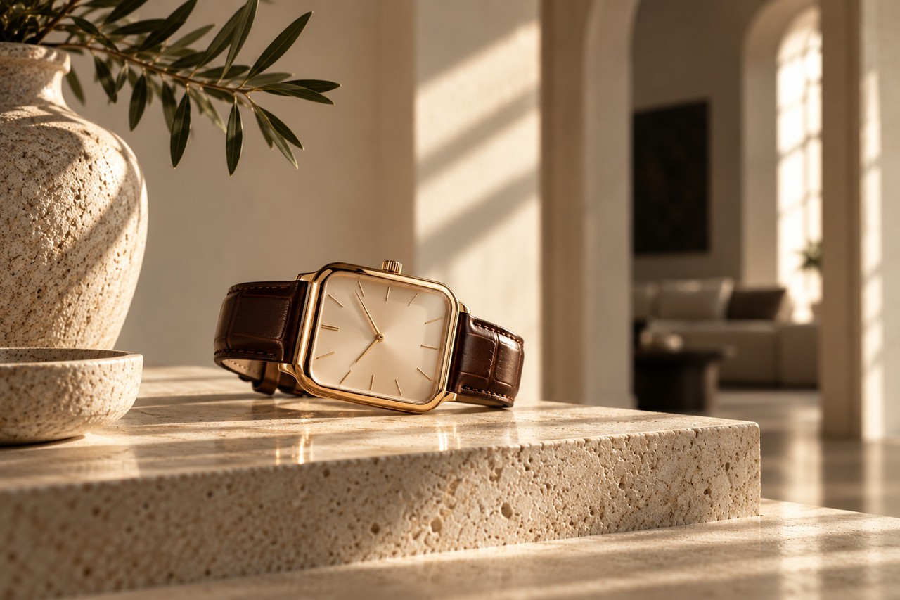 Goldfarbene Armbanduhr liegt auf einer hellen Steinfläche.