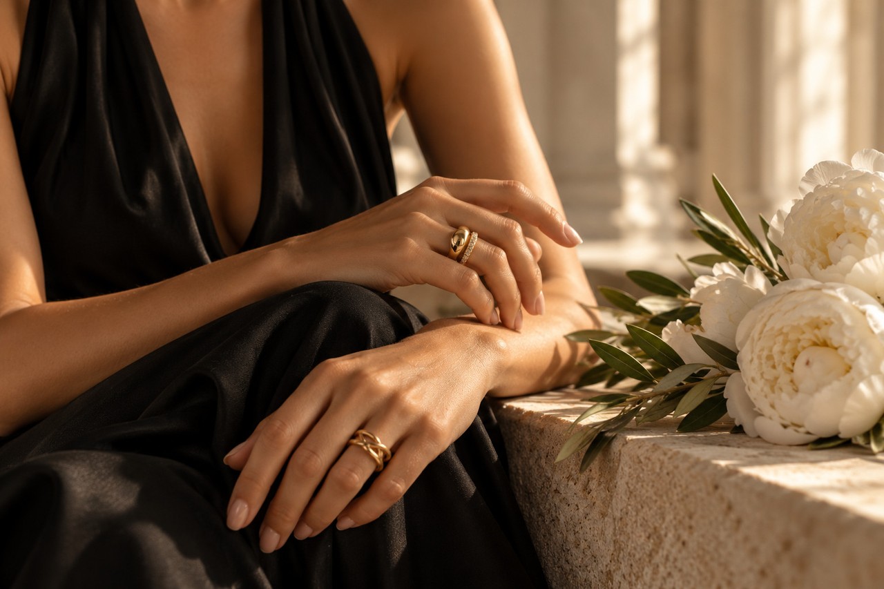 Goldene Ringe an Händen neben hellen Blumen auf einer Steinfläche.