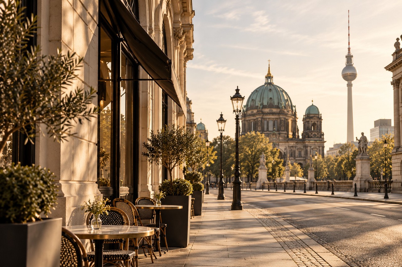 Straßencafé und Stadtansicht mit Fernsehturm im Hintergrund.